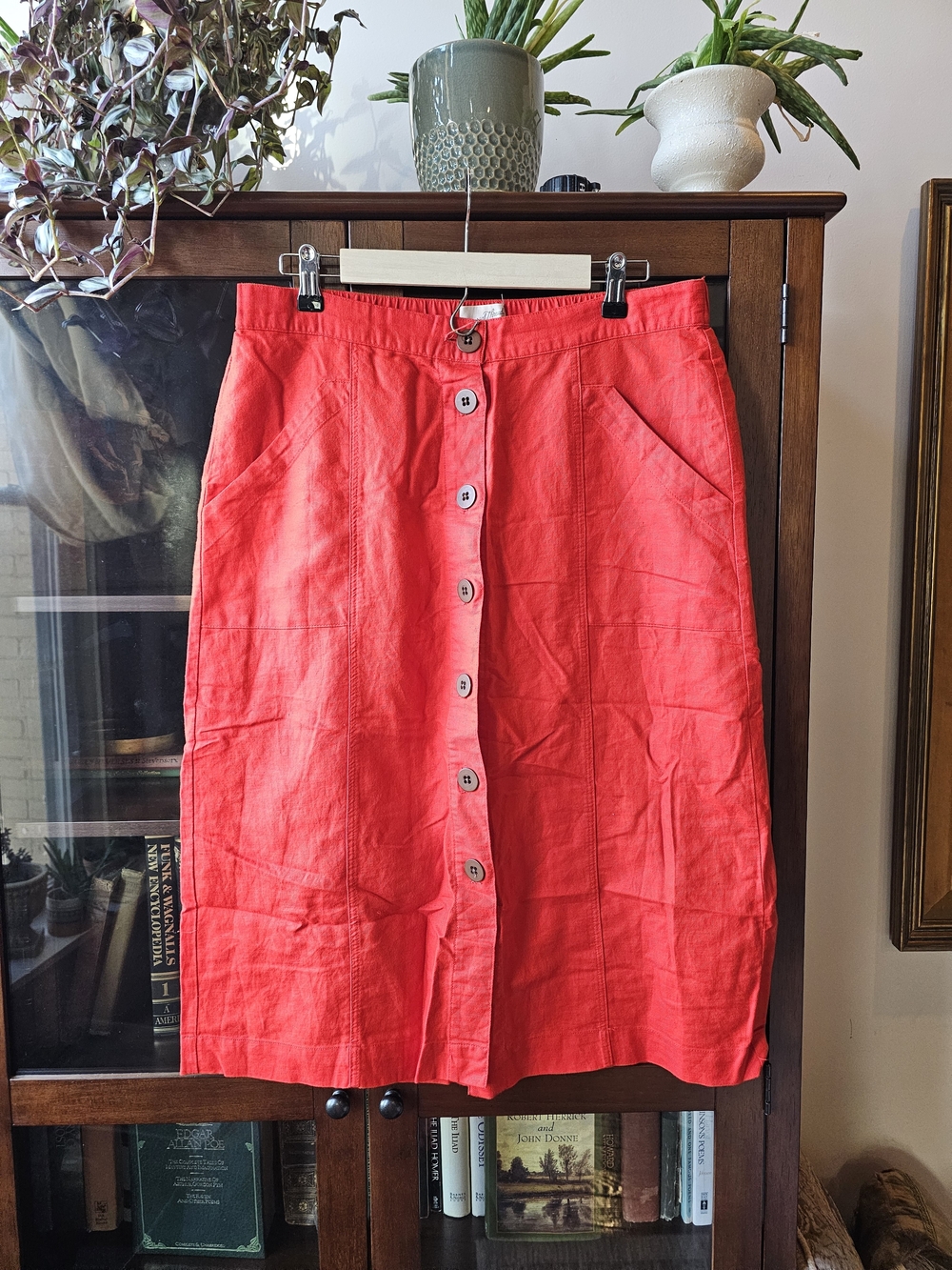 Tomato Red Linen Button-Front Midi Skirt 🍅